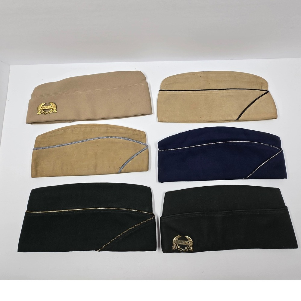 Lot of 6 Vintage Military Garrison Caps ROTC US Army Air Force Khaki Blue Green